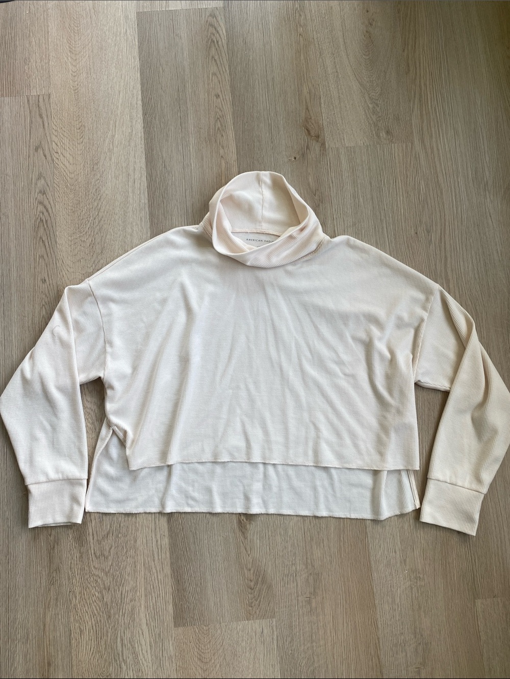 American Eagle Waffle Knit Cowl Neck Layered Hem Pullover Sweater Cream Large